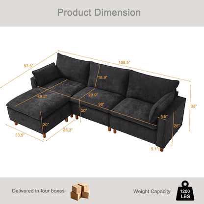 HouseOfZazla 108.5in modular L-shaped sectional with movable ottoman in dark gray velvet on Tampa Home & Garden Store