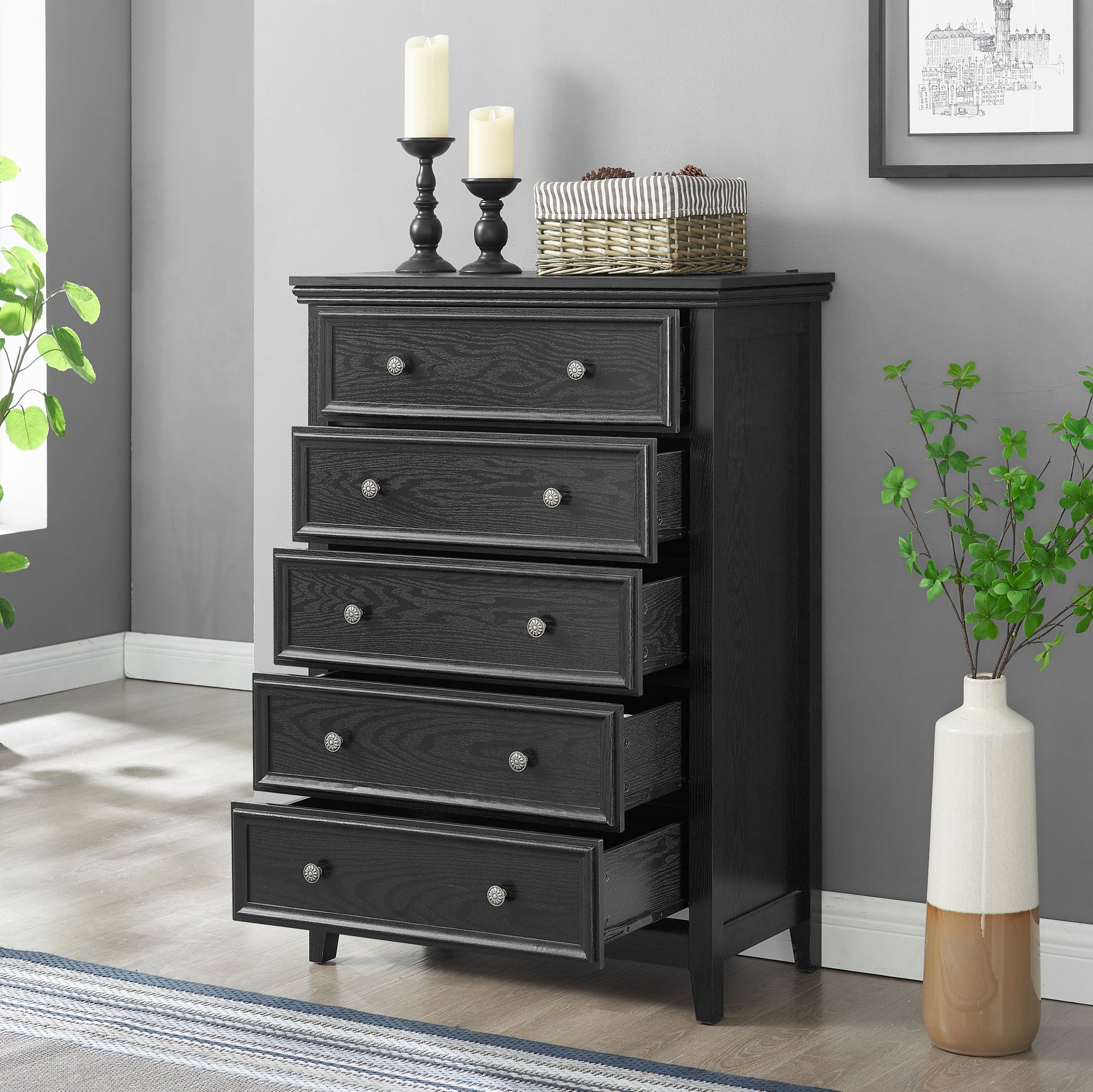 Modern black five-drawer dresser by HouseOfZazla for living room storage on Tampa Home & Garden Store