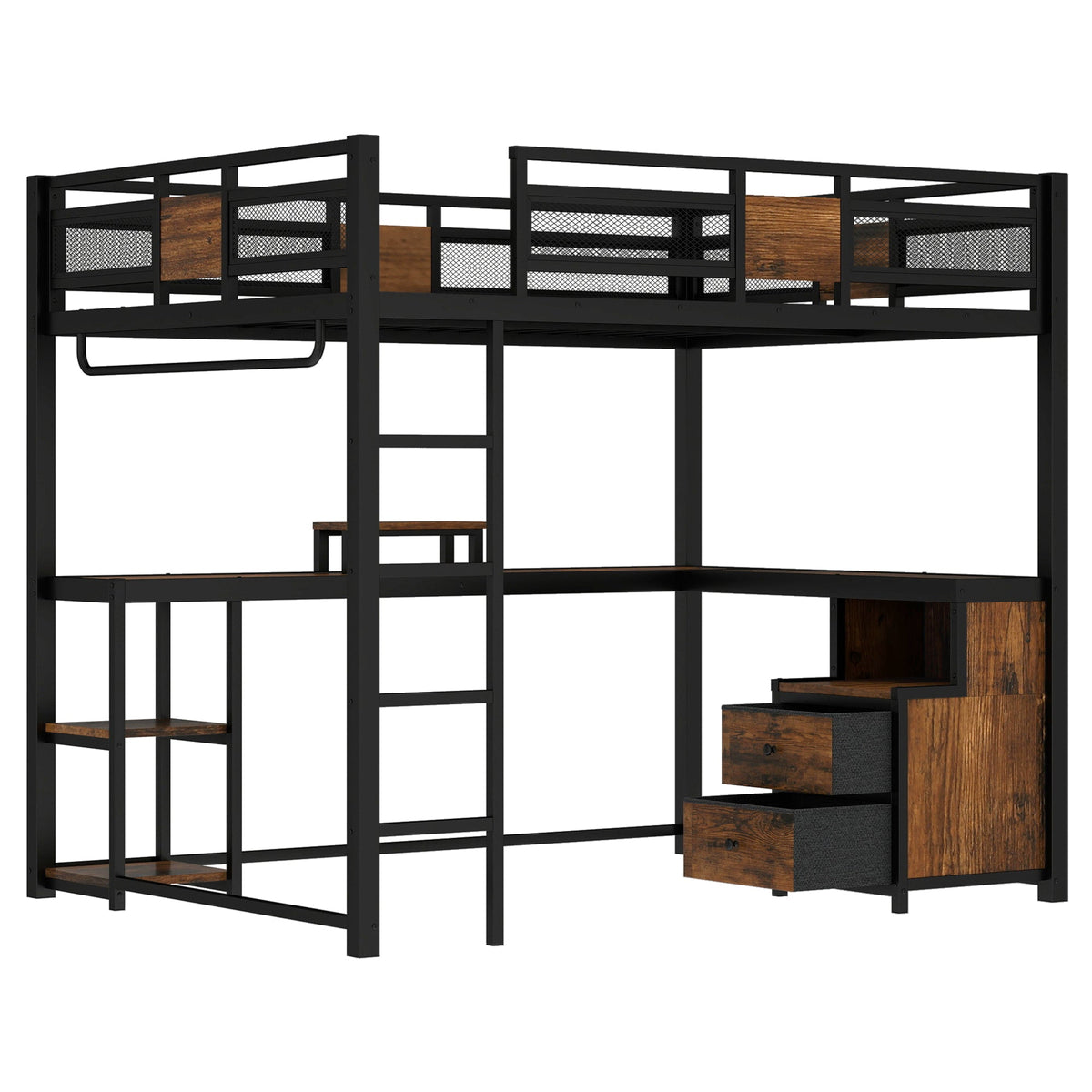 Queen Loft Bed with Desk and Storage by HouseOfZazla, black metal frame with wood accents on Tampa Home & Garden Store