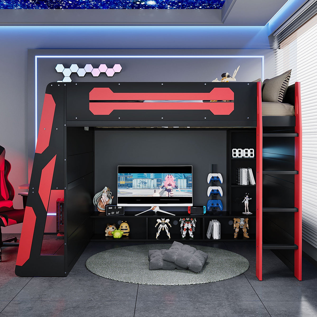 Full size wood loft bed with desk, red/black finish, storage shelves, RGB light on Tampa Home & Garden Store