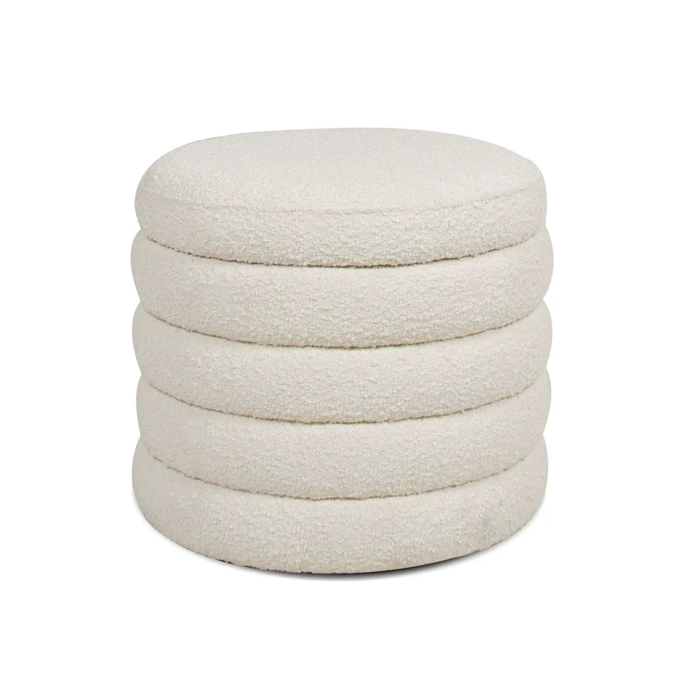 Fuji oversized round storage ottoman in cream boucle with stacked disc cushions on Tampa Home & Garden Store
