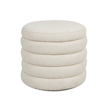 Fuji oversized round storage ottoman in cream boucle with stacked disc cushions on Tampa Home & Garden Store