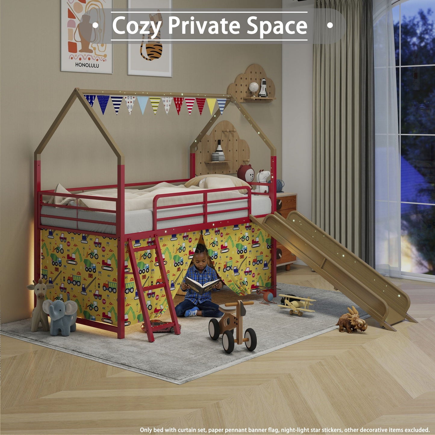 Jack House Loft Bed with Slide and Curtain Set by HouseOfZazla, red frame with bunting on Tampa Home & Garden Store
