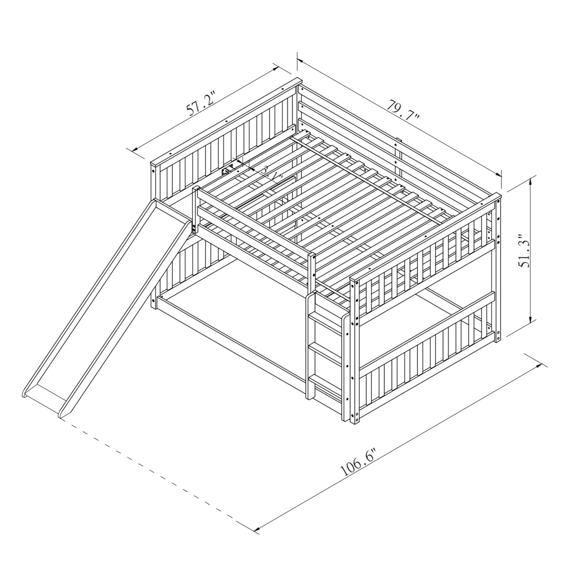 Bunk bed with slide and ladder by HouseOfZazla, wooden frame, dimensions shown in schematic on Tampa Home & Garden Store