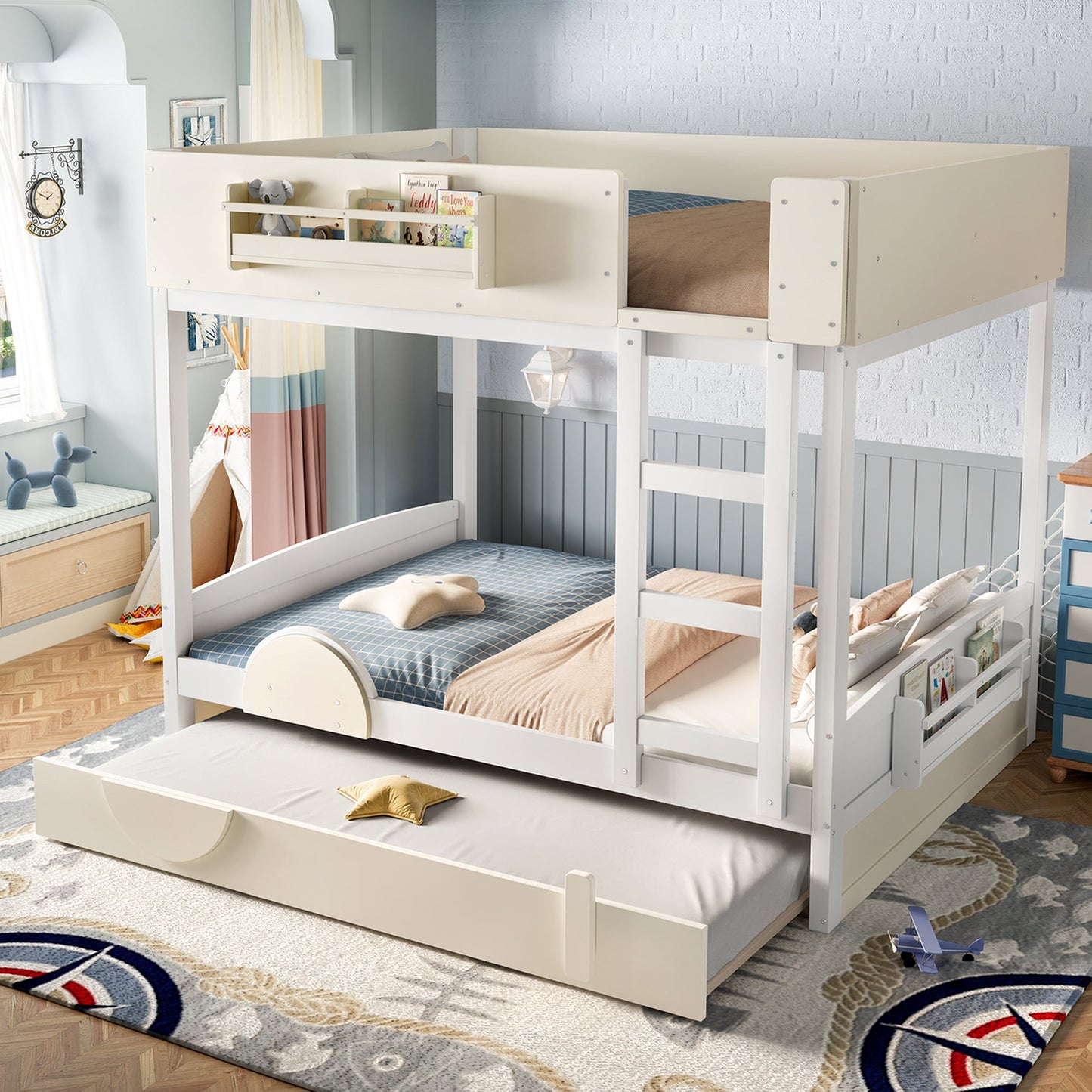Full Bunk Bed with Trundle and Pine Bookshelf