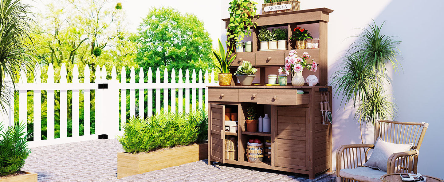 Topmax 65.7'' tall brown wood garden potting bench with hutch and drawers, outdoor chair on Tampa Home & Garden Store