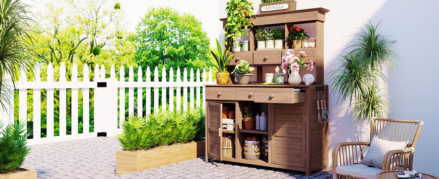 Topmax 65.7'' tall brown wood garden potting bench with hutch and drawers, outdoor chair on Tampa Home & Garden Store