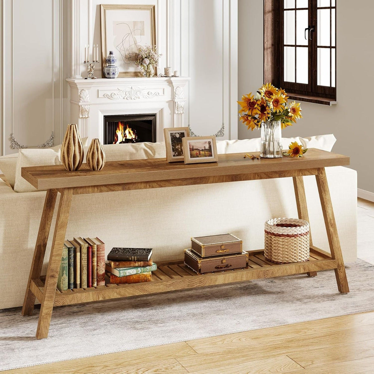 Extra Long Brown Farmhouse Console Table with 2-Tier Open Storage by HouseOfZazla on Tampa Home & Garden Store
