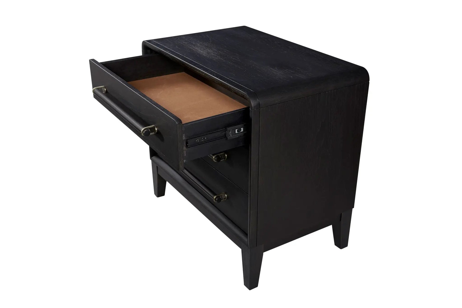 Black 3-drawer accent nightstand with USB charging, top drawer open on Tampa Home & Garden Store