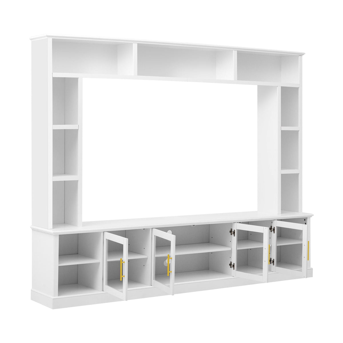 All-In-One Entertainment Center white tempered-glass doors by HouseOfZazla with shelves on Tampa Home & Garden Store