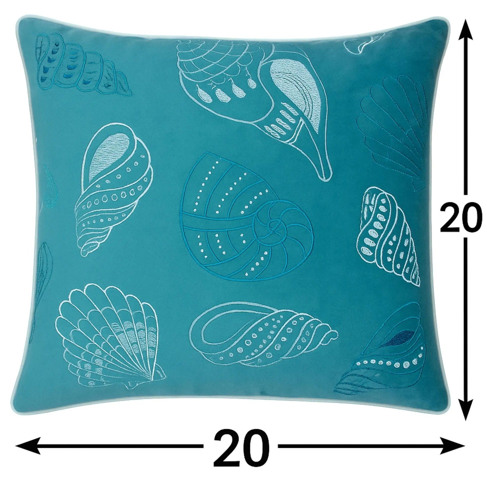 Seashells Pillow Cover teal accent pillow with white embroidered seashells on Tampa Home & Garden Store