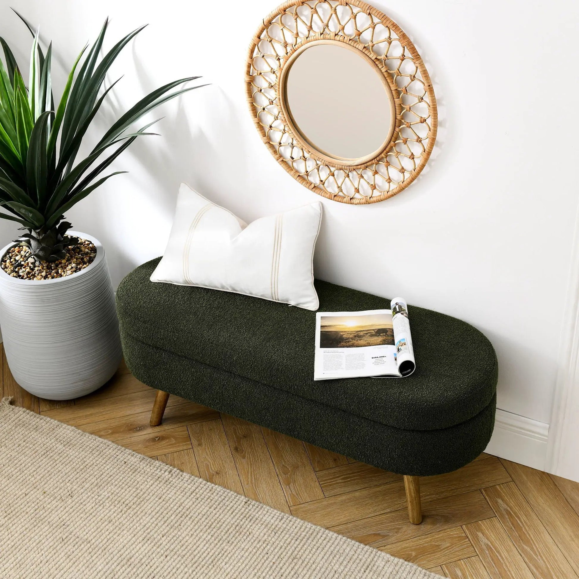Ottoman oval storage bench in dark green textured fabric with rubber wood legs on Tampa Home & Garden Store