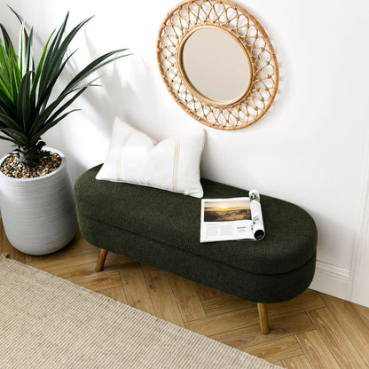 Ottoman oval storage bench in dark green textured fabric with rubber wood legs on Tampa Home & Garden Store