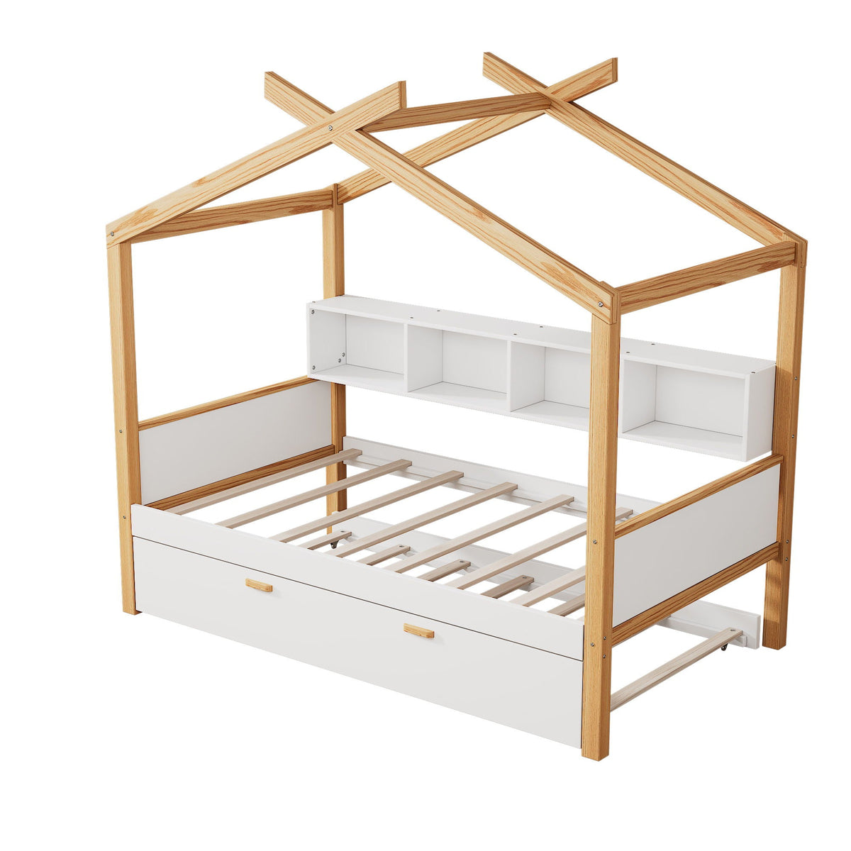 House Bed With Bookshelf Storage oak wood frame with white built-in drawers and cubbies on Tampa Home & Garden Store