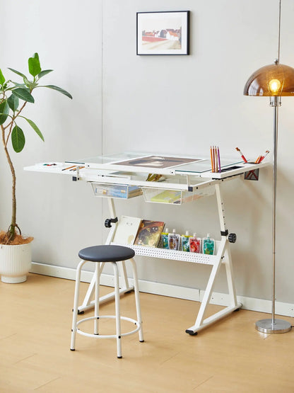 Adjustable Glass Drafting Table with Chair