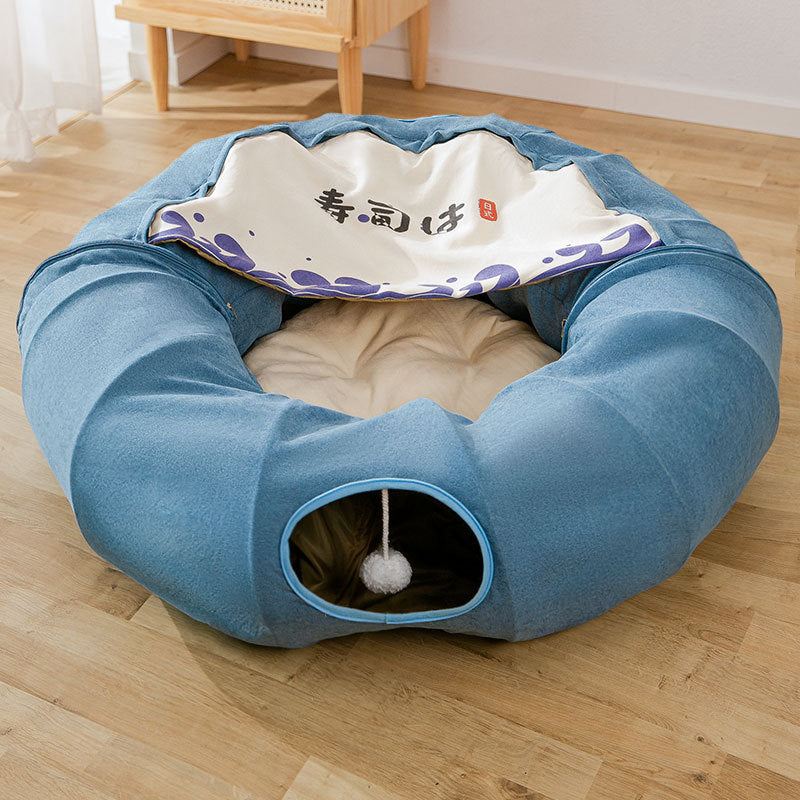 Blue Cat's Nest Tunnel Bed with removable cover and soft beige cushion; folding bed on Tampa Home & Garden Store
