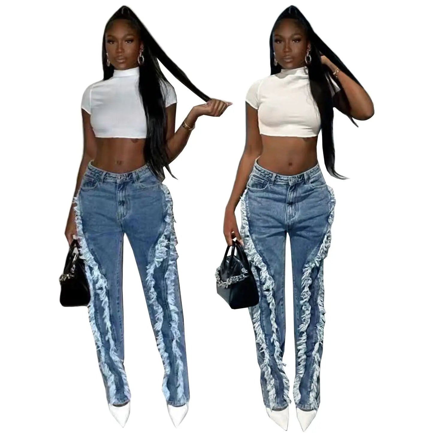 Beauty Dress Fried Salt Raw Edge Fashion Jeans Women with white frayed side stripes 2 pcs on Tampa Home & Garden Store