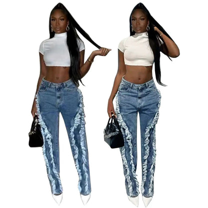 Beauty Dress Fried Salt Raw Edge Fashion Jeans Women with white frayed side stripes 2 pcs on Tampa Home & Garden Store