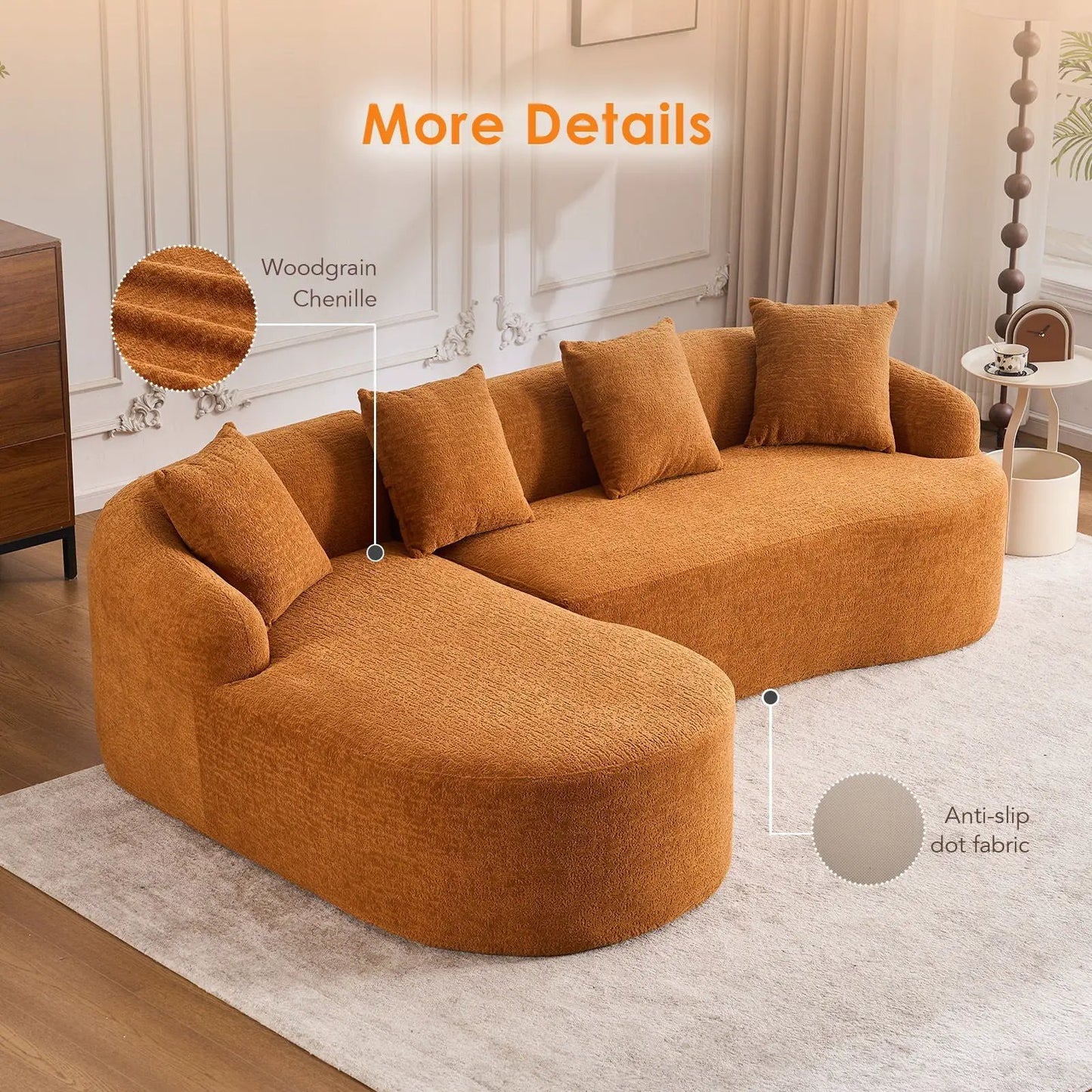 Combined sofa with 4 pillows in orange chenille, stationary sectional on Tampa Home & Garden Store