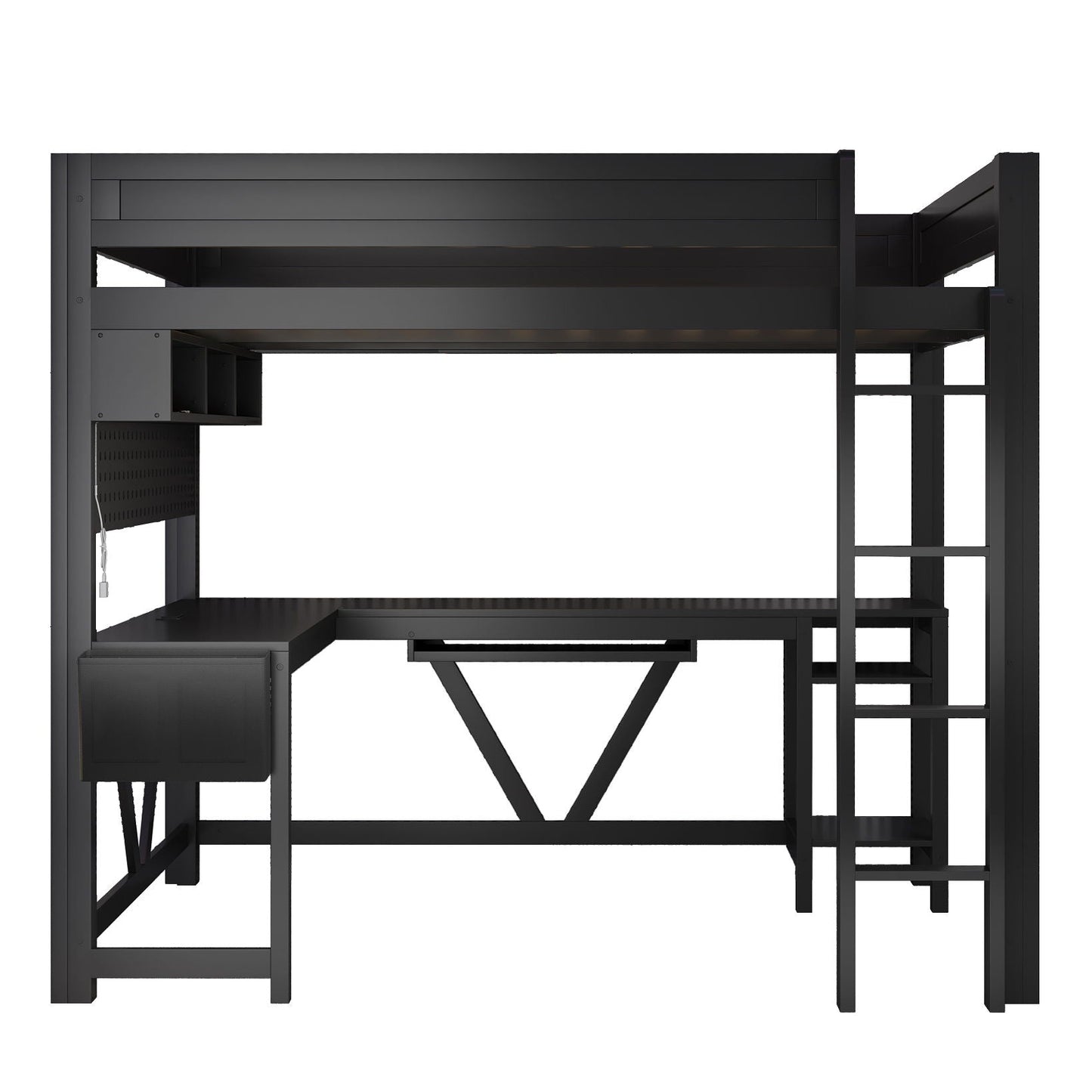 Gaming Loft Bed with Desk by HouseOfZazla, matte black metal frame with built-in shelves on Tampa Home & Garden Store