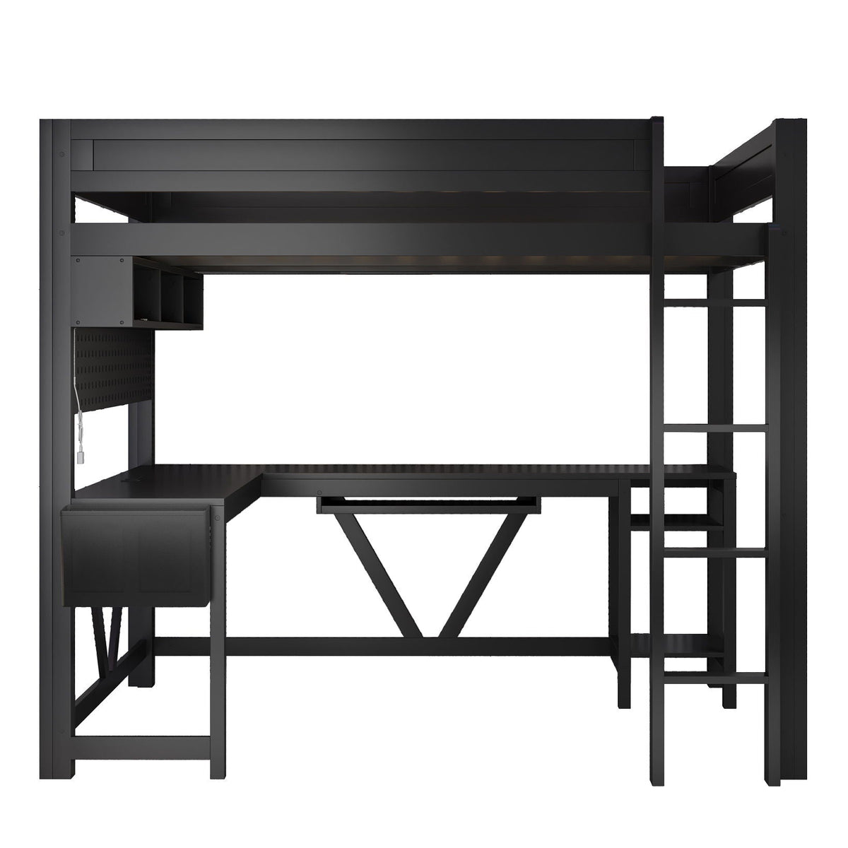 Gaming Loft Bed with Desk by HouseOfZazla, matte black metal frame with built-in shelves on Tampa Home & Garden Store