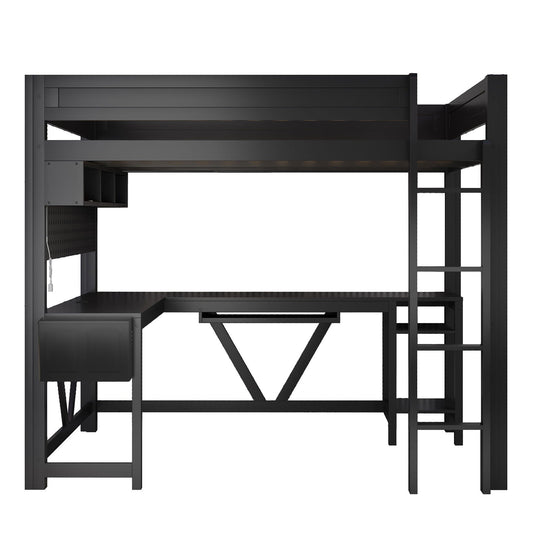 Gaming Loft Bed with Desk by HouseOfZazla, matte black metal frame with built-in shelves on Tampa Home & Garden Store