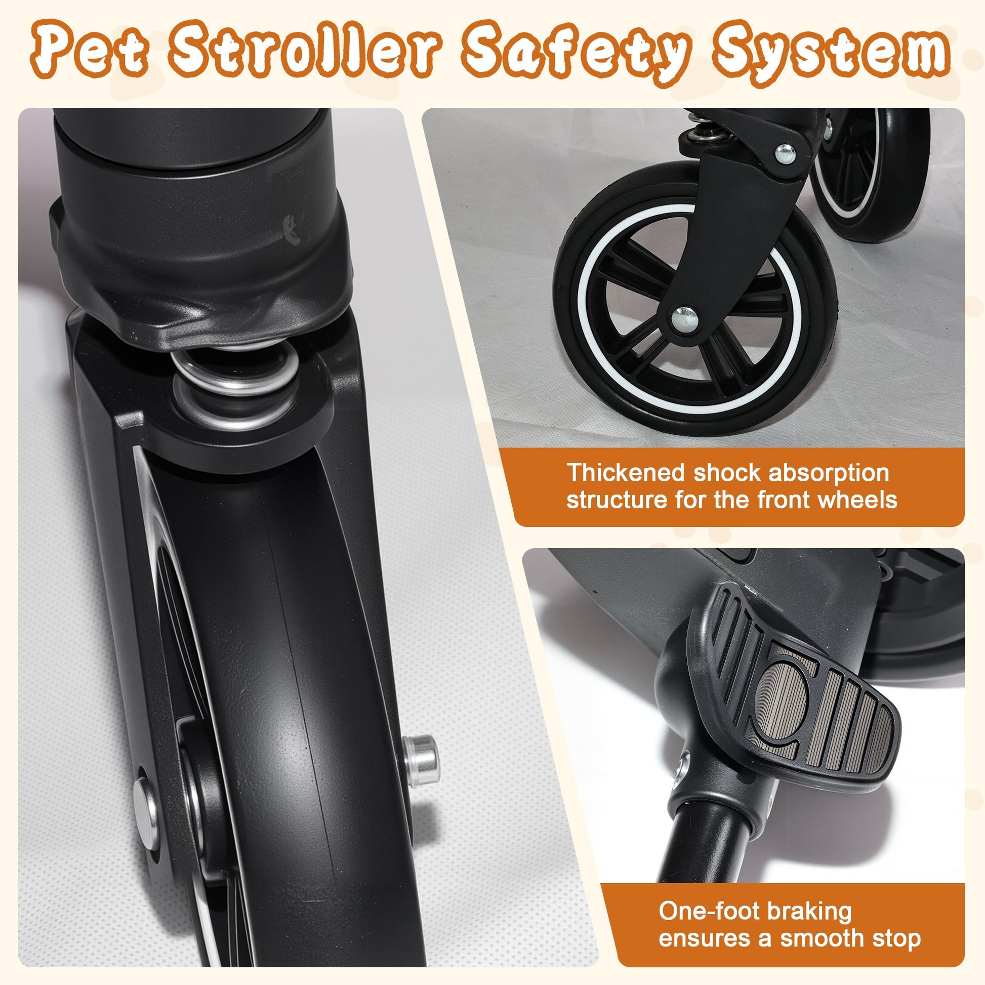 Pet stroller close-up reveals black front wheel suspension and foldable frame on Tampa Home & Garden Store