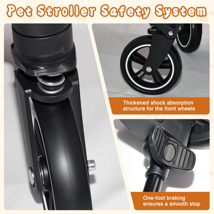 Pet stroller close-up reveals black front wheel suspension and foldable frame on Tampa Home & Garden Store