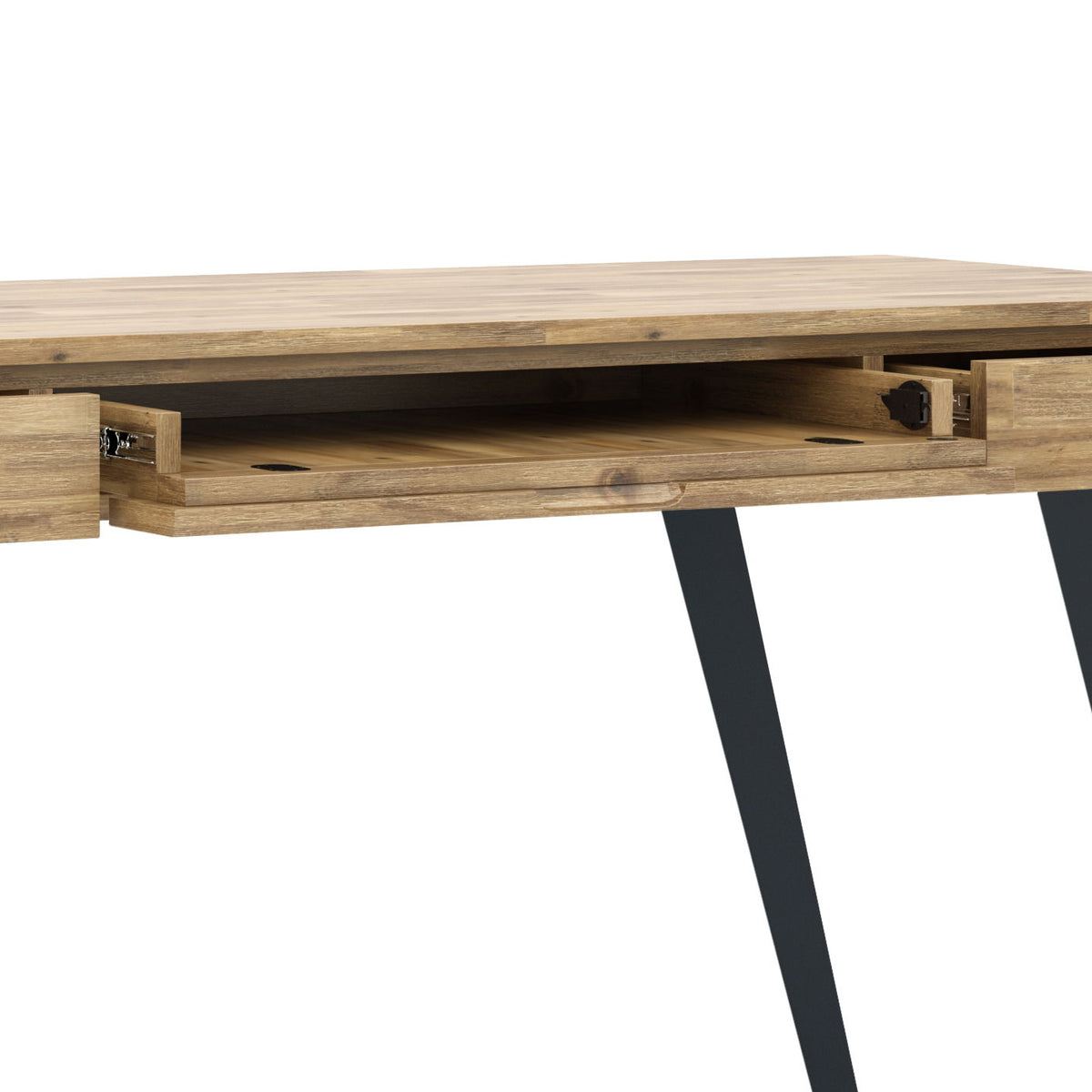 Handcrafted Acacia Desk And Drawer Storage writing desk with open drawer and black legs on Tampa Home & Garden Store