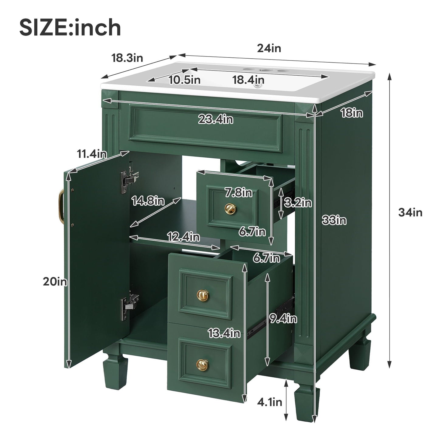 Bathroom vanity with sink in dark green, white countertop, 2 drawers and adjustable shelf on Tampa Home & Garden Store