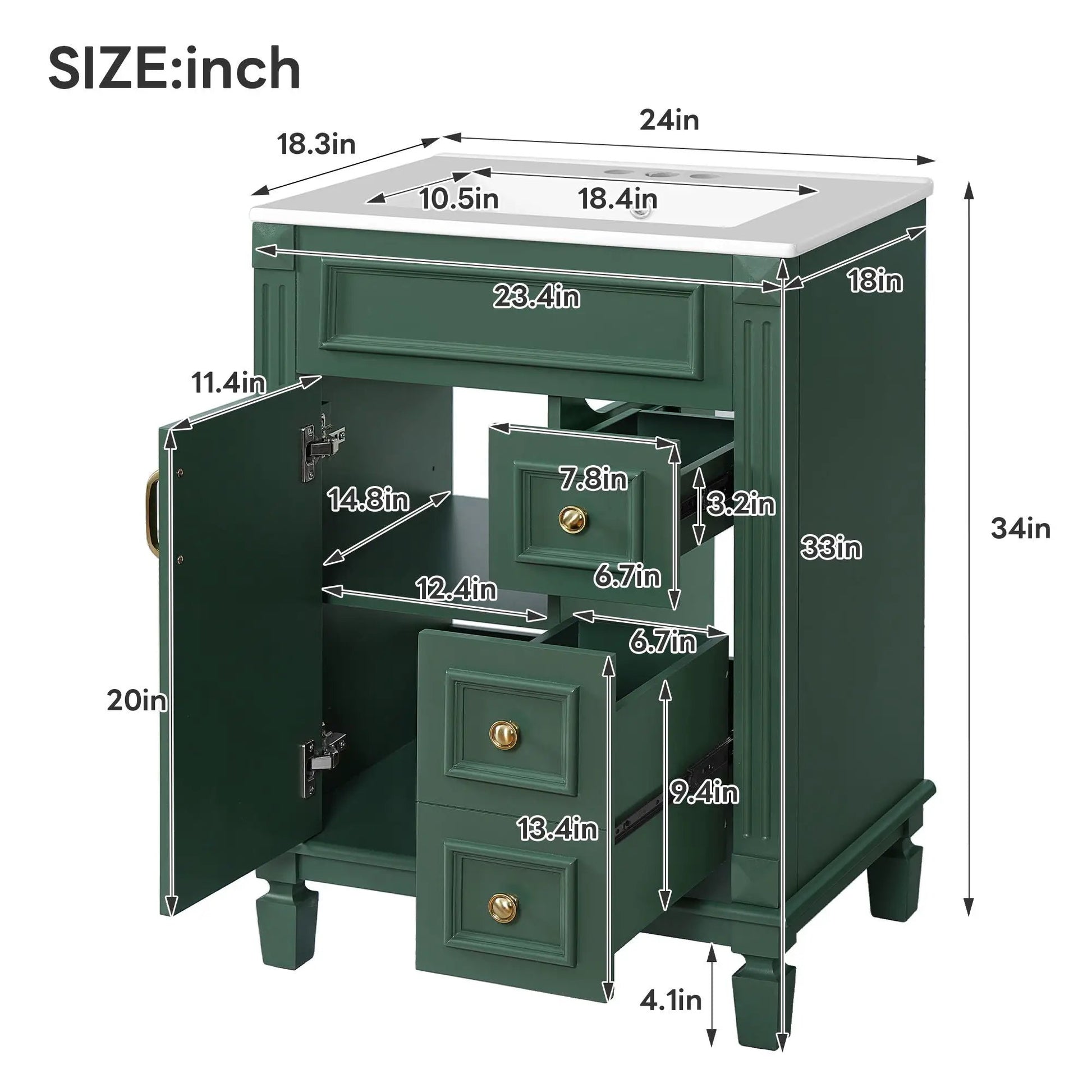 Bathroom vanity with sink in dark green, white countertop, 2 drawers and adjustable shelf on Tampa Home & Garden Store