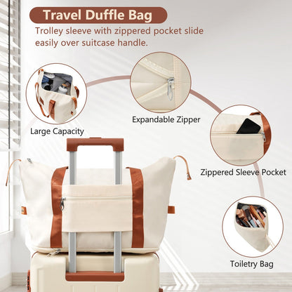 Duffle bag in beige with brown straps, large capacity with zip pocket on Tampa Home & Garden Store