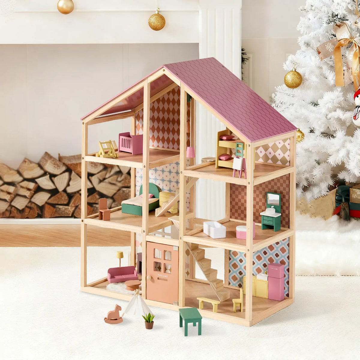 Dollhouse Tiny Land Sweetwood Pegasus wooden dollhouse with pink roof and pastel interiors on Tampa Home & Garden Store
