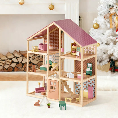 Dollhouse Tiny Land Sweetwood Pegasus wooden dollhouse with pink roof and pastel interiors on Tampa Home & Garden Store