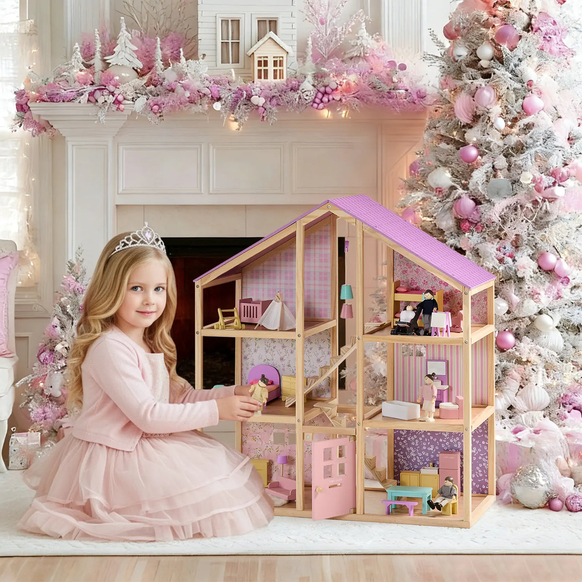 Tiny Land INC Sweetwood Dollhouse without Dolls, pink roof, pastel interior on Tampa Home & Garden Store