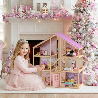 Tiny Land INC Sweetwood Dollhouse without Dolls, pink roof, pastel interior on Tampa Home & Garden Store