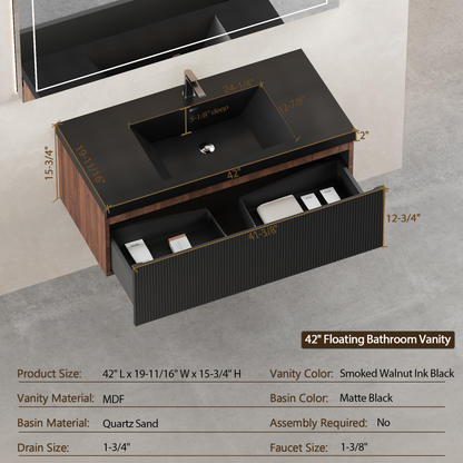 42-inch floating bathroom vanity with sink and striped storage cabinet, matte black basin on Tampa Home & Garden Store