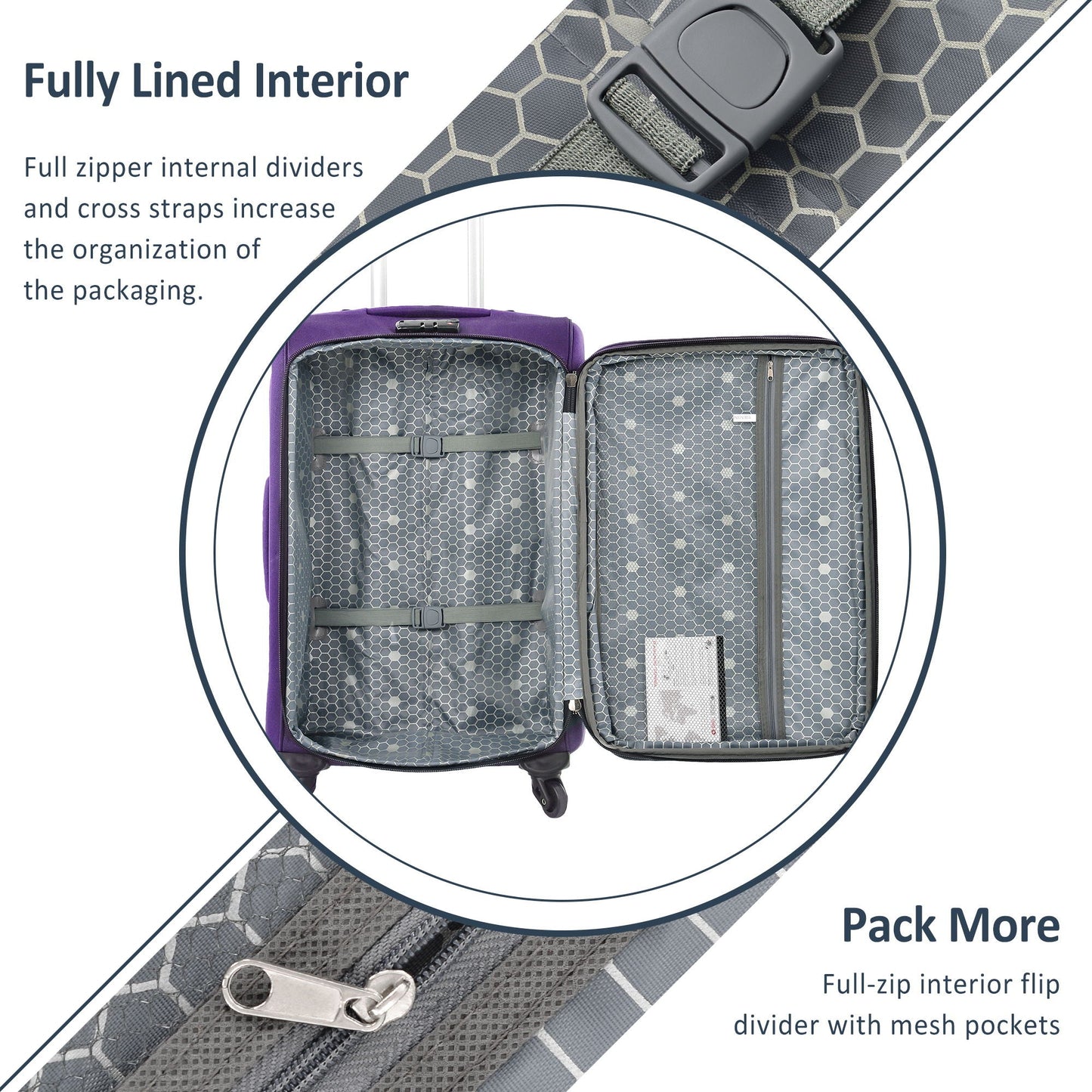 Softside 3-piece purple luggage set by HouseOfZazla with hex mesh interior and cross straps on Tampa Home & Garden Store