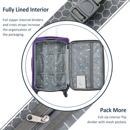Softside 3-piece purple luggage set by HouseOfZazla with hex mesh interior and cross straps on Tampa Home & Garden Store