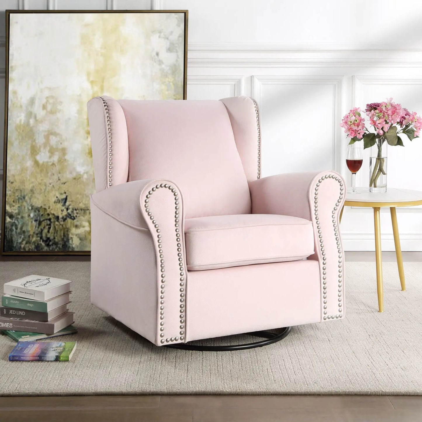 Tamaki Glider Chair with Swivel Pink Upholstery