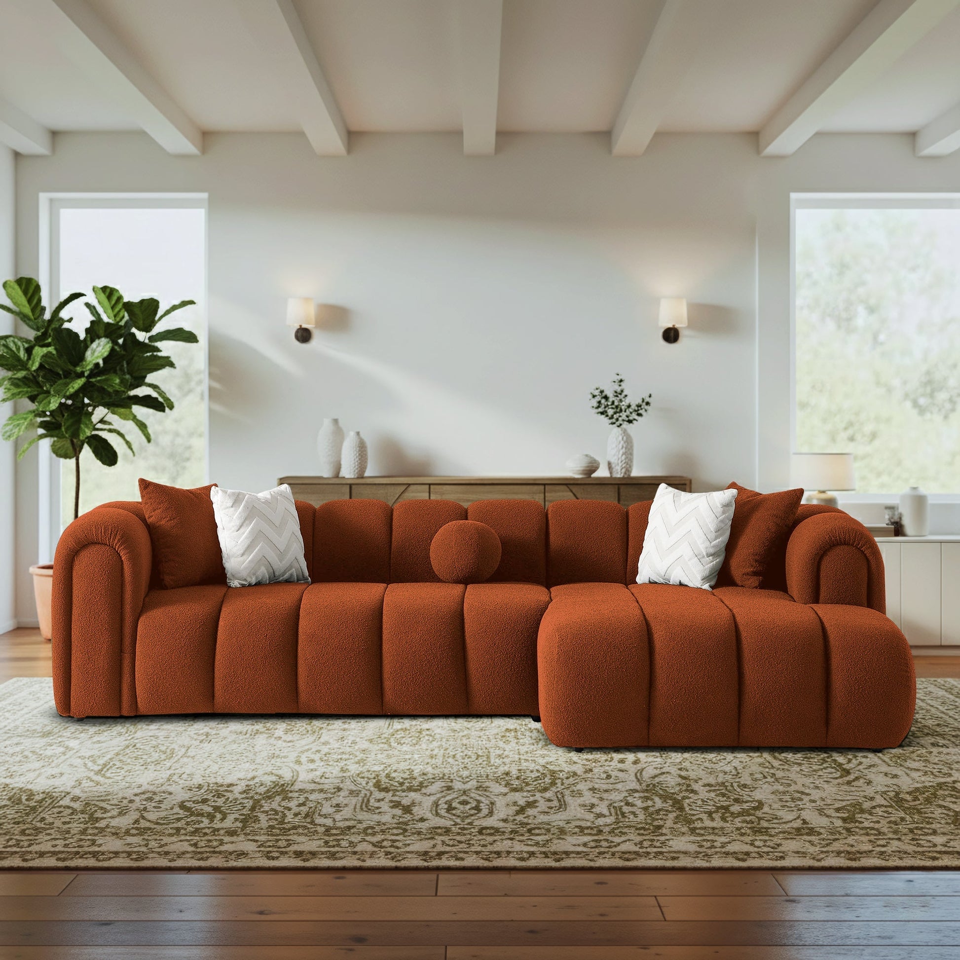 Beatrice Modern Tufted Sectional Burnt orange sofa by HouseOfZazla in a modern living room on Tampa Home & Garden Store