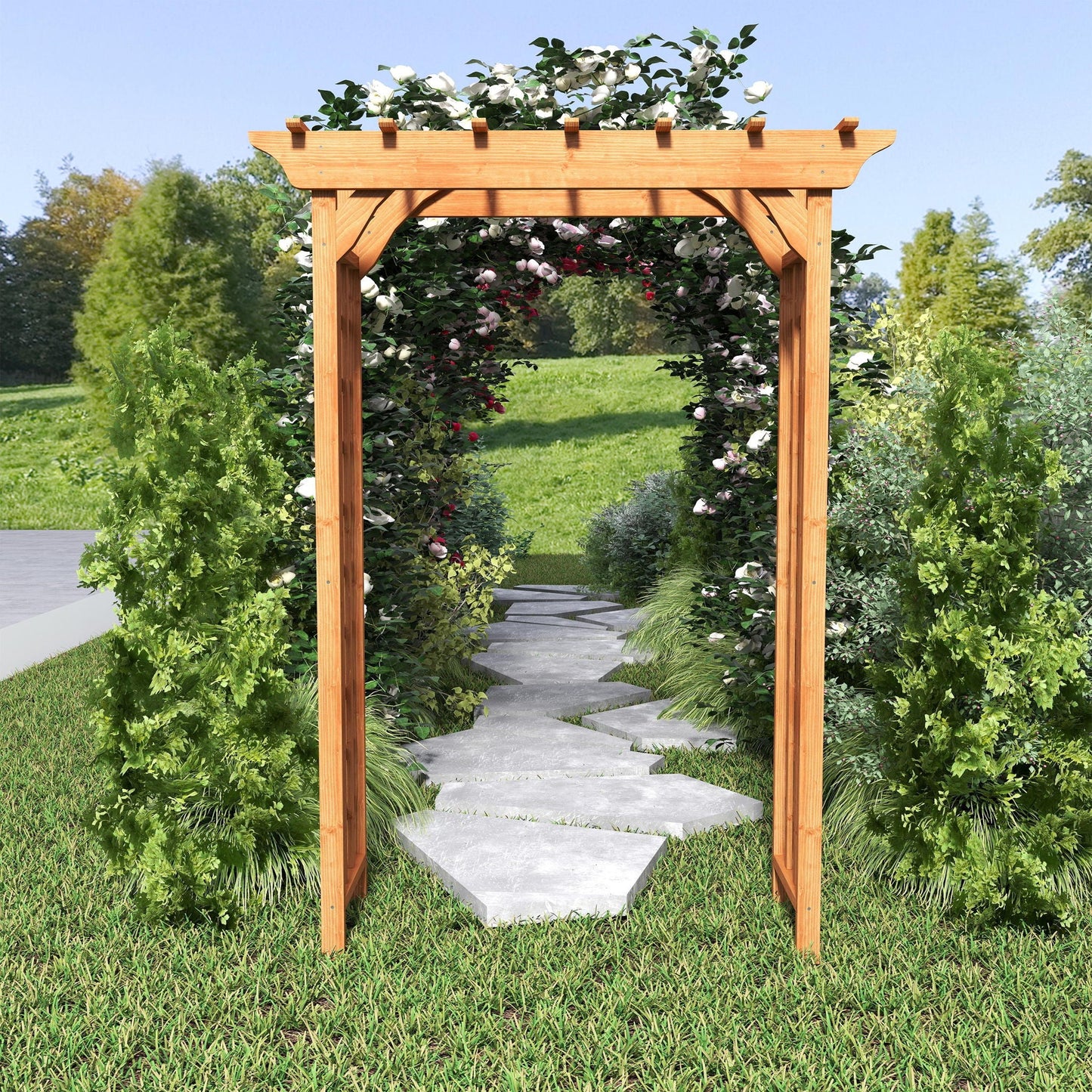 Wooden wedding arbor with climbing greenery and white flowers over a stone path on Tampa Home & Garden Store