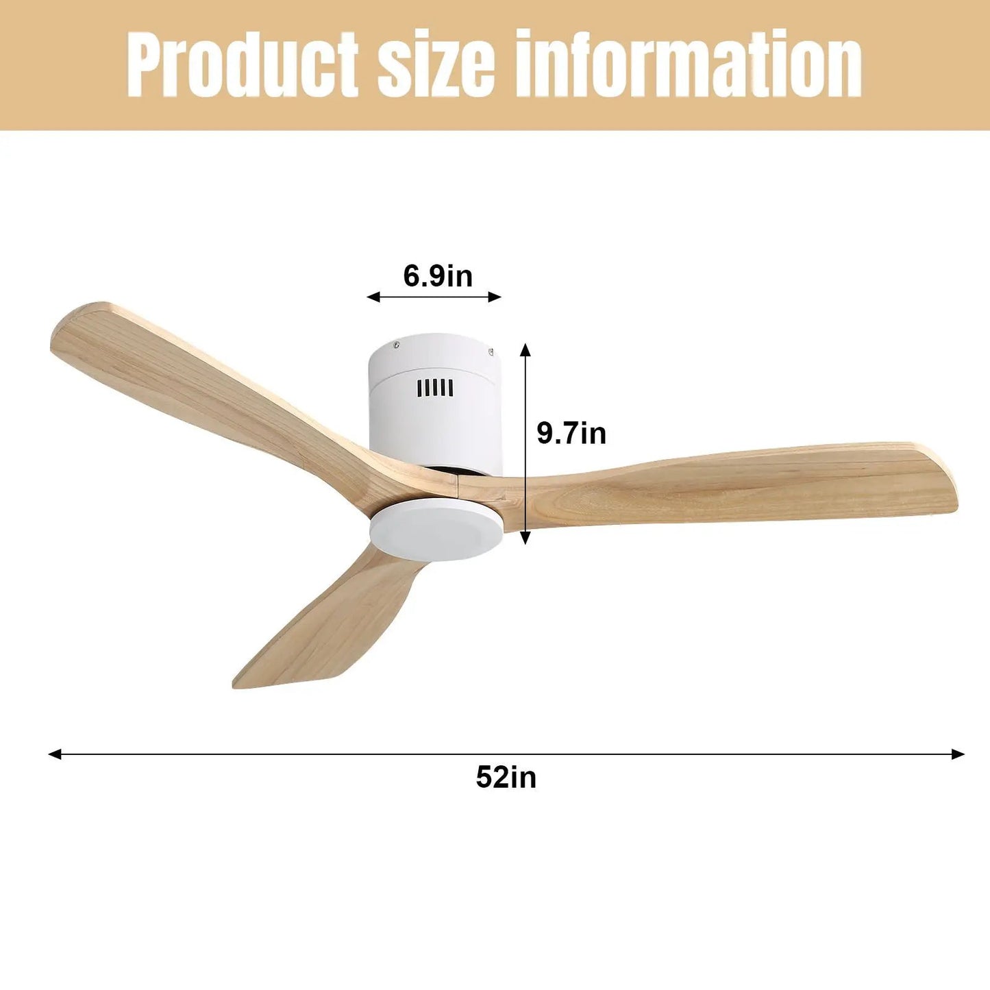 Low Profile Ceiling Fan DC with 3 wooden blades and white motor housing remote control on Tampa Home & Garden Store