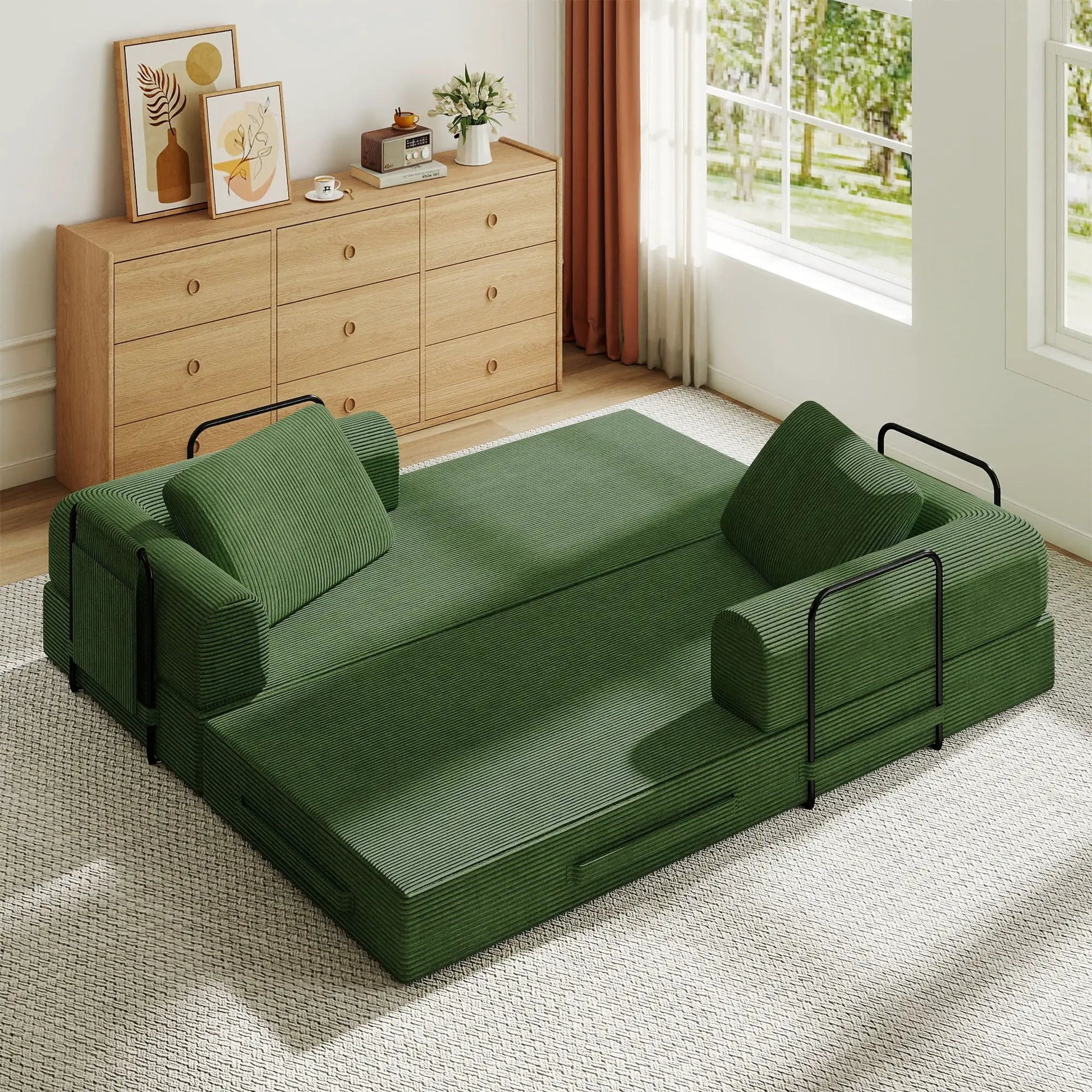 Green convertible sleeper sofa with cylindrical pillow, fixed-frame Unique Piece Furniture on Tampa Home & Garden Store