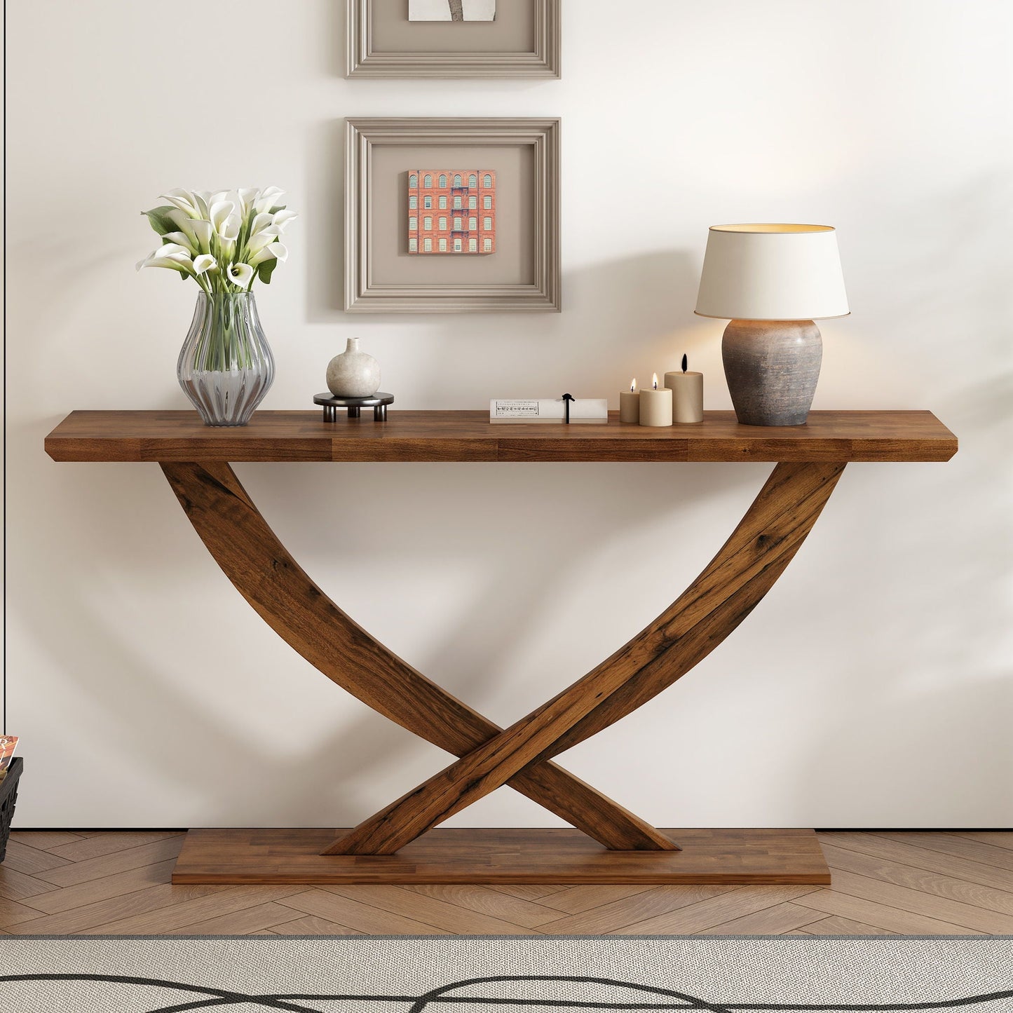 Console table with cross-leg base and reinforced plate in walnut finish, white lilies and lamp on Tampa Home & Garden Store