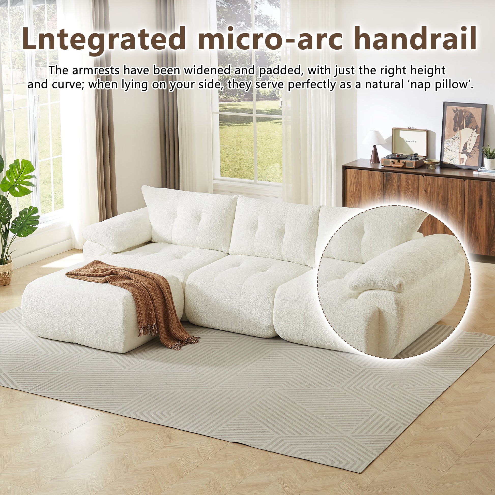 115'' Large Modern 3-Seater Sofa by HouseOfZazla, white textured fabric, curved arms on Tampa Home & Garden Store