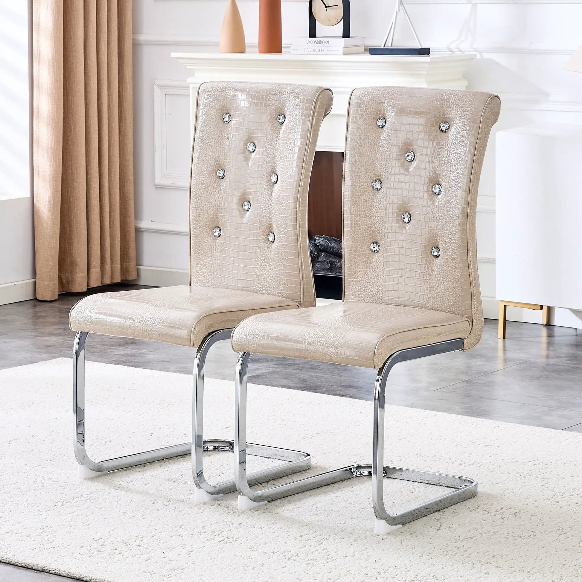 Elegant Design Upholstered Dining Chair Set faux leather with buttons chrome legs 2 chairs on Tampa Home & Garden Store