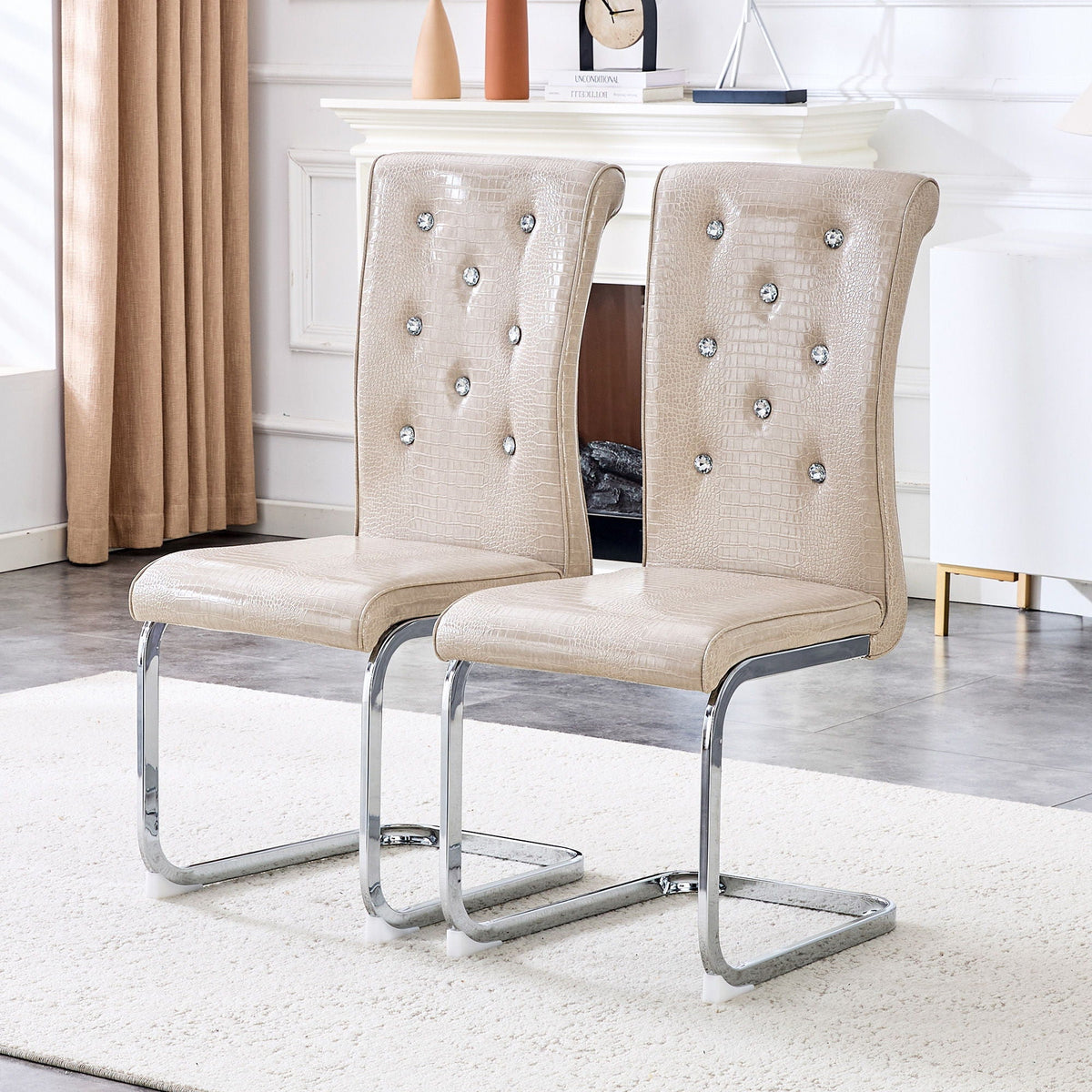 Design Upholstered Dining Chairs with Crystal Details beige crocodile faux leather, 2 chairs on Tampa Home & Garden Store