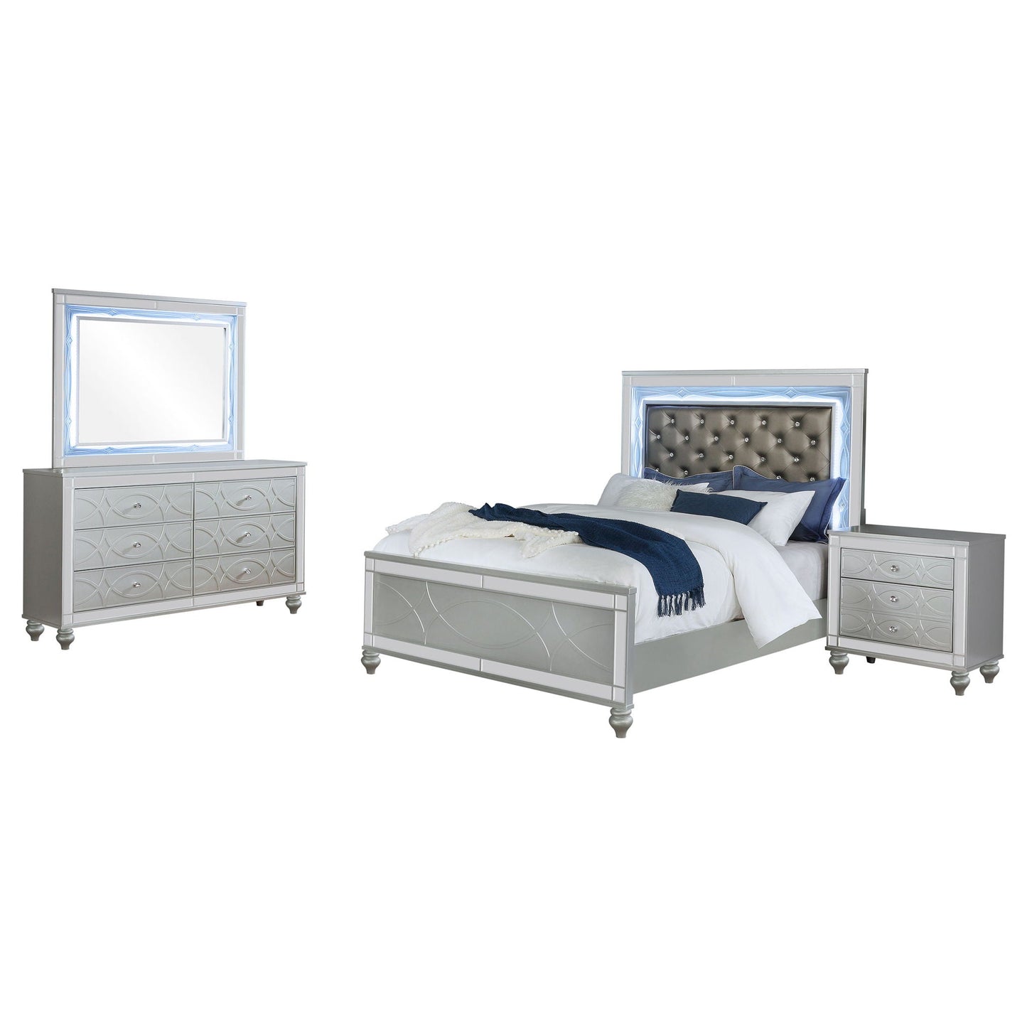 Arabesque 4 Piece Queen Bedroom Set with LED Headboard in silver with mirrored panels on Tampa Home & Garden Store