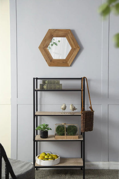 Hexagon wood-framed wall mirror with natural wood finish on Tampa Home & Garden Store